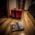 Travel Essentials: Suitcase and Guidebook on a Hotel Floor
