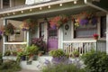 cozy house exterior with flower boxes and hanging baskets, bringing color to the front porch Royalty Free Stock Photo