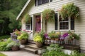 cozy house exterior with flower boxes and hanging baskets, bringing color to the front porch Royalty Free Stock Photo