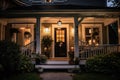 cozy house exterior with front porch and lanterns, giving a warm and inviting feel