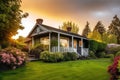 cozy house exterior with lush green garden, inviting porch, and stunning sunset view Royalty Free Stock Photo