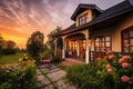 cozy house exterior with lush green garden, inviting porch, and stunning sunset view Royalty Free Stock Photo