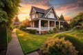 cozy house exterior with lush green garden, inviting porch, and stunning sunset view Royalty Free Stock Photo