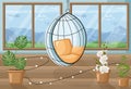 Cozy house with flowers and swing chair. Mountains on background