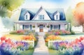 cozy house and garden around it in pleasant neighborhood, colorful watercolor illustration Royalty Free Stock Photo