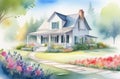 cozy house and garden around it in pleasant neighborhood, greeting card watercolor illustration Royalty Free Stock Photo