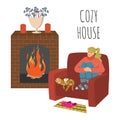 Cozy house. The girl is sitting in a large comfortable chair, legs crossed by the fireplace. Cat is sleeping next to her