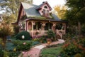 cozy house with wrap-around porch and whimsical garden