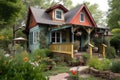 cozy house with wrap-around porch and whimsical garden