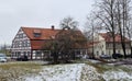 Cozy houses in old German style on the street of the old town Klaipeda. Royalty Free Stock Photo