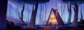 Cozy hut in night forest, cartoon illustration Royalty Free Stock Photo