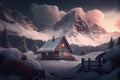 cozy hut in winter nature with mountans and clouds exterior of the winter chalet