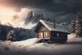 cozy hut in winter nature with mountans and clouds exterior of the winter chalet