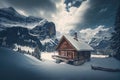 cozy hut in winter nature with mountans and clouds exterior of the winter chalet