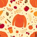 Warm autumn mood. Seamless autumn pattern knitted sweater, pumpkin, fall leaves, acorn, coffee, cinnamon, spices, tea, apple, pear