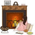 Cozy illustration. The girl with a cat by the fireplace.