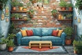 Cozy indoor oasis with a plush sofa, lively plants, and warm brick wall ambiance