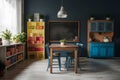 Cozy indoor space with wooden table, colorful shelves, chalkboard, and soft lighting