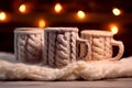 Cozy Indulgence Trio of Mugs for Tea or Coffee Surrounded by Woolen Comforts. AI