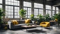 A cozy, industrial-style living room with a grey sofa, yellow armchair, wooden table, and green plants by large windows Royalty Free Stock Photo