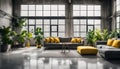 A cozy, industrial-style living room with a grey sofa, yellow armchair, wooden table, and green plants by large windows Royalty Free Stock Photo