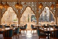 A cozy interior of an Arabic cafe or restaurant, decorated with Arabic lamps, reflecting the festive spirit of the holy Royalty Free Stock Photo