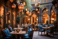 A cozy interior of an Arabic cafe or restaurant, decorated with Arabic lamps, reflecting the festive spirit of the holy