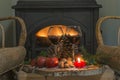 Cozy interior with burning stove, two glass of wine and fruits of tree stump