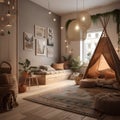 Cozy interior of children room with a hut Royalty Free Stock Photo