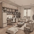 Cozy interior featuring a combination of an office and living room. Left side has a Royalty Free Stock Photo