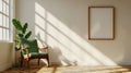 Sunlit Minimalist Interior with Green Armchair, Banana Leaf Plant, and Blank Frame Royalty Free Stock Photo
