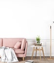Cozy Interior Mock up on empty white wall, Pink Sofa In Living Room, Scandinavian Style,
