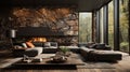 Cozy interior in modern luxury chalet. Stone wall, fireplace, large corner sofa, coffee table, bookshelves, rug on