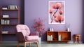 interior with a pink armchair, a wooden bookshelf, a decorative tree, and a framed painting of flowers, all in a purple-hued Royalty Free Stock Photo