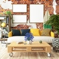 Cozy interior poster mock up with old brick wall