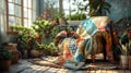 A cozy interior scene featuring a handmade patchwork quilt draped over a vintage wooden chair. British snug, telling its