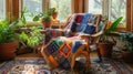 A cozy interior scene featuring a handmade patchwork quilt draped over a vintage wooden chair. British snug, telling its