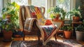 A cozy interior scene featuring a handmade patchwork quilt draped over a vintage wooden chair. British snug, telling its