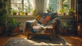 A cozy interior scene featuring a handmade patchwork quilt draped over a vintage wooden chair. British snug, telling its