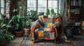 A cozy interior scene featuring a handmade patchwork quilt draped over a vintage wooden chair. British snug, telling its