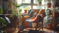 A cozy interior scene featuring a handmade patchwork quilt draped over a vintage wooden chair. British snug, telling its