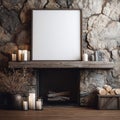 Rustic Fireplace with Blank Frame Mockup Royalty Free Stock Photo