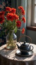 Cozy interior with vibrant red flowers and elegant teapot by window light Royalty Free Stock Photo