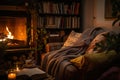 Cozy interior with warm ambient light, fireplace and autumn home accessories