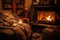 Cozy interior with warm ambient light, fireplace and autumn home accessories
