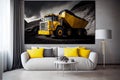 Cozy interior woth Large quarry dump truck in coal mine picture on wall Royalty Free Stock Photo