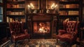 A cozy and intimate podium adorned with vintage wingback chairs a roaring fireplace and shelves filled with leatherbound