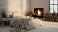 Cozy and inviting bedroom with fireplace and brick wall in modern loft interior design Royalty Free Stock Photo