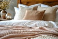 Cozy and Inviting Bedroom Scene with Plush Bedding, Decorative Throw Pillows, and Elegant Bedspread in Warm Tones Royalty Free Stock Photo