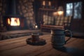 A cozy and inviting cabin in the woods, with a roaring fire and a hot cup of cocoa waiting inside. AI generated Royalty Free Stock Photo